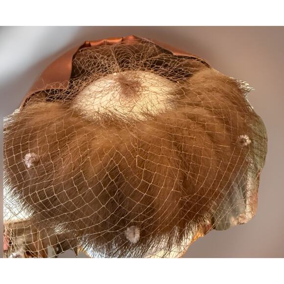Vintage Mink Halo Hat Veil Satin Bow Brown 1950s Cocktail Hat Pugh’s Box main image 7